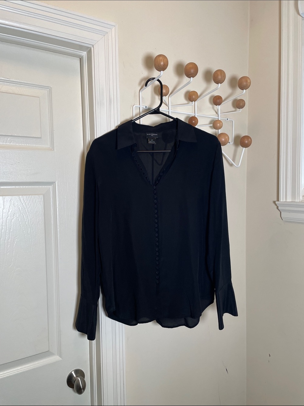 Club Monaco Silk Button-Front Long Sleeve Shirt - Black - S